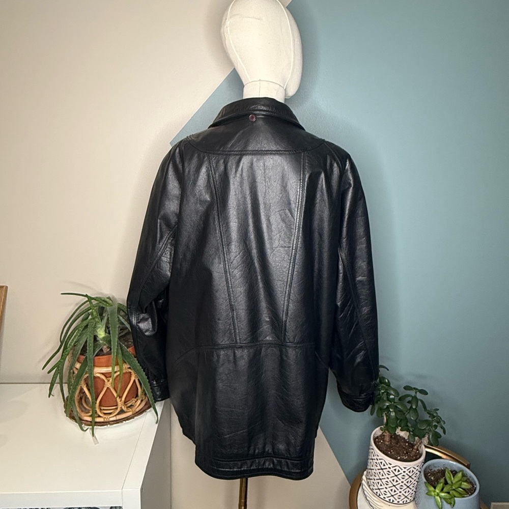 Vintage 90s Oversized Black Genuine Leather Coat L Minimalist Longline Y2K - Picture 4 of 13